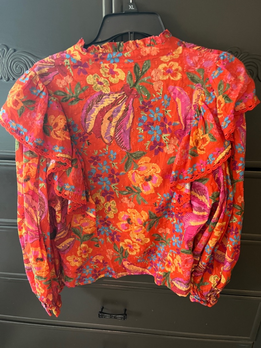 Farm Rio Red Spring Bananas -Floral Ruffle Button-Front Blouse - Picture 4 of 7